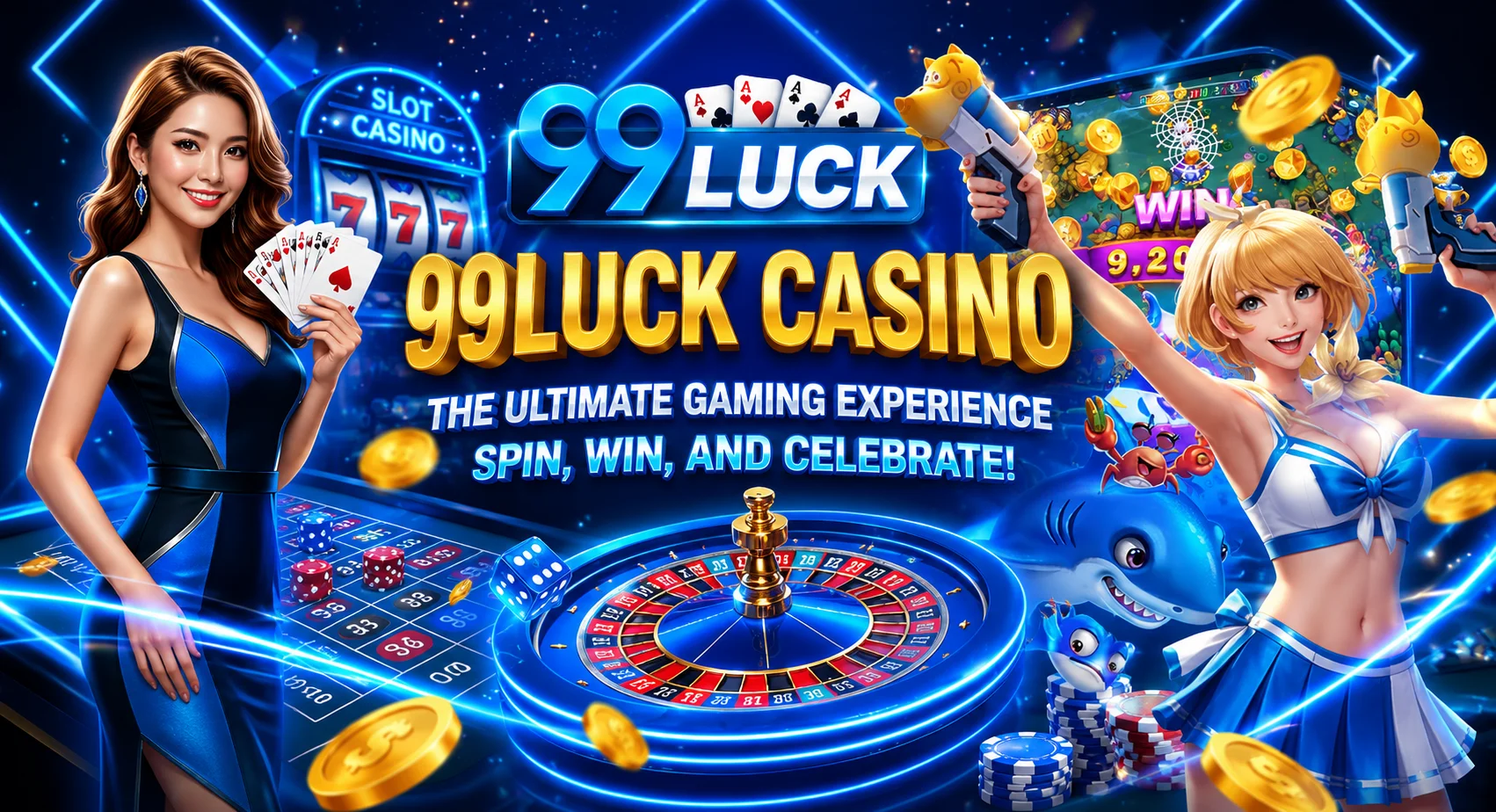 99LUCK Casino live casino hero with roulette table and premium gaming characters
