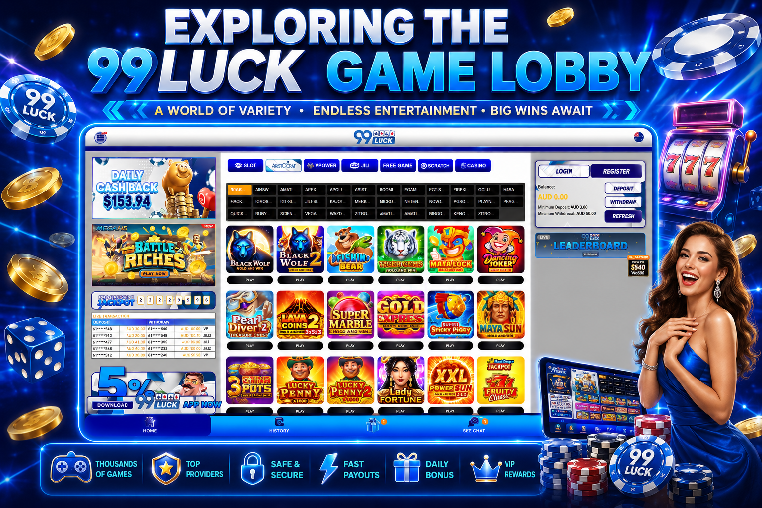 99LUCK game lobby with thousands of games providers safe secure payouts and rewards